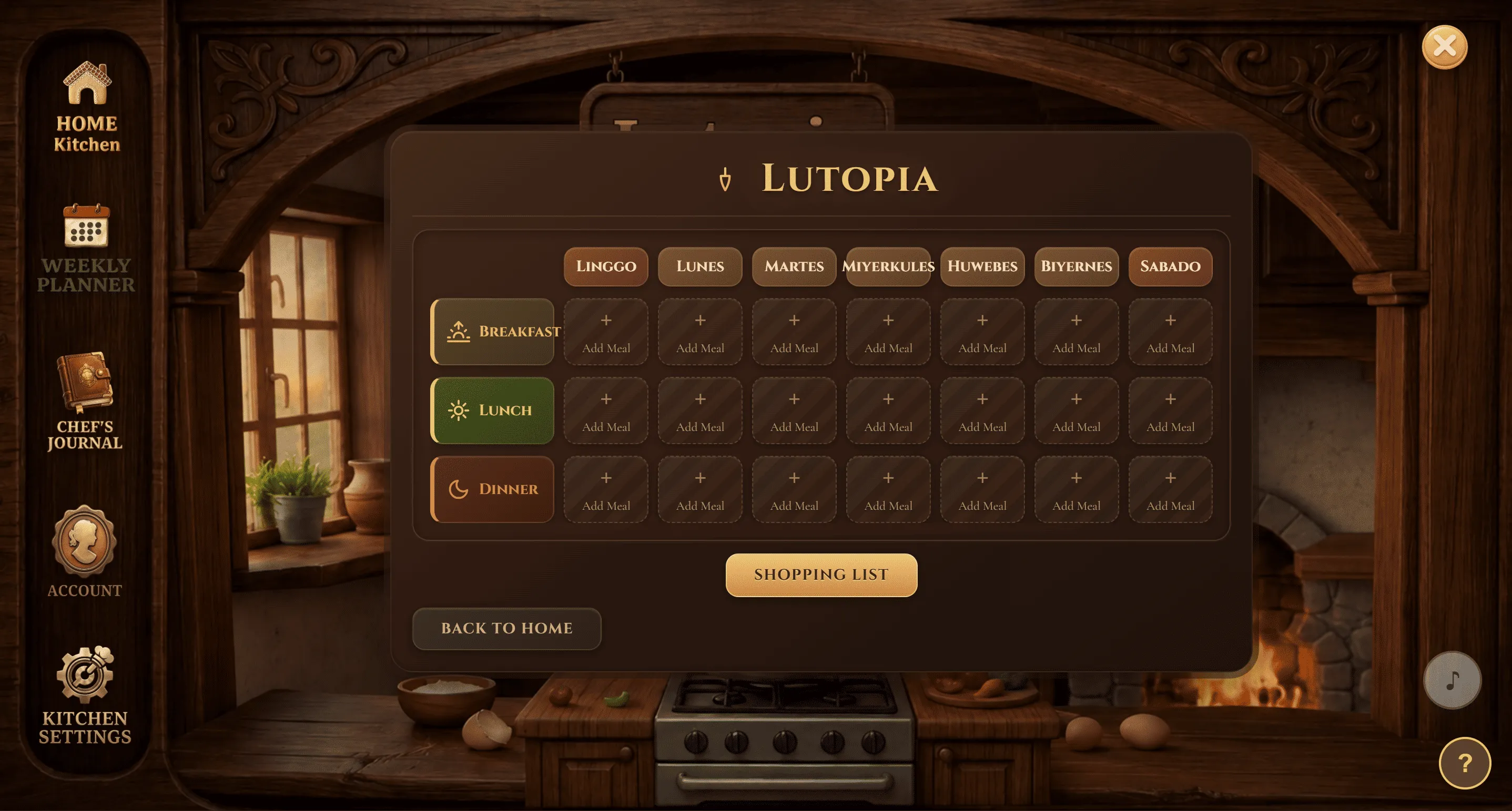 Lutopia weekly meal planner screen